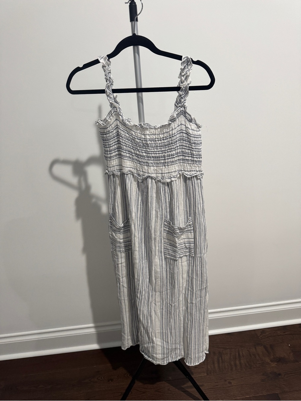 Paper Crane White and Gray Striped Smocked Midi Dress